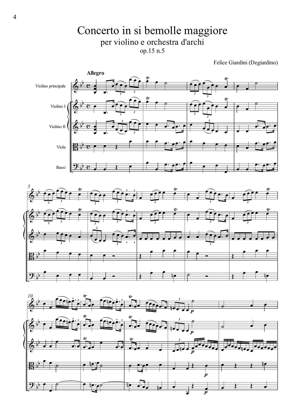 F. Giardini: Concerto in si bemolle maggiore op.15 n.5