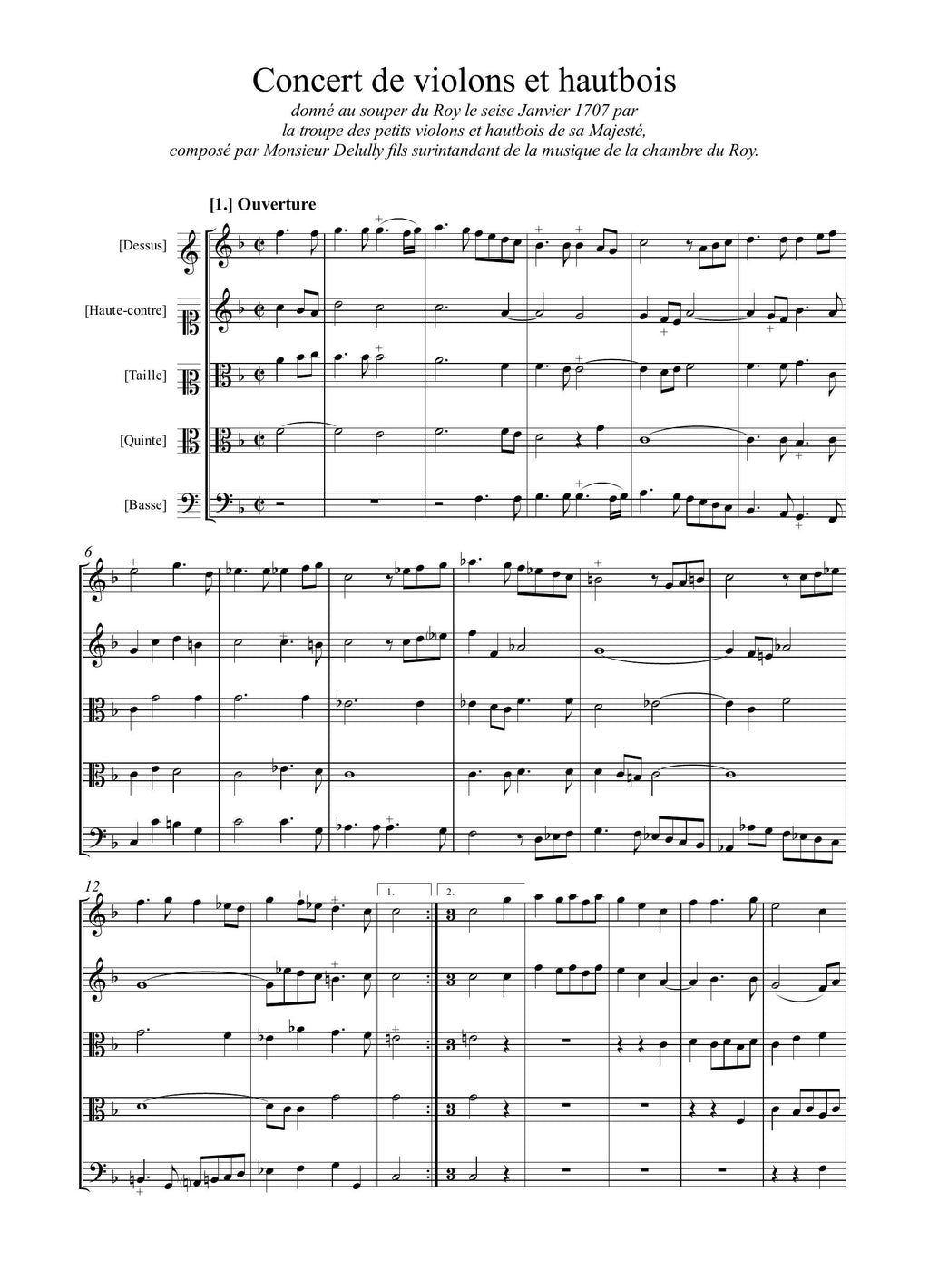 J.B. Lully (fils): Concert de violons et hautbois donné au souper du Roy le seise Janvier 1707